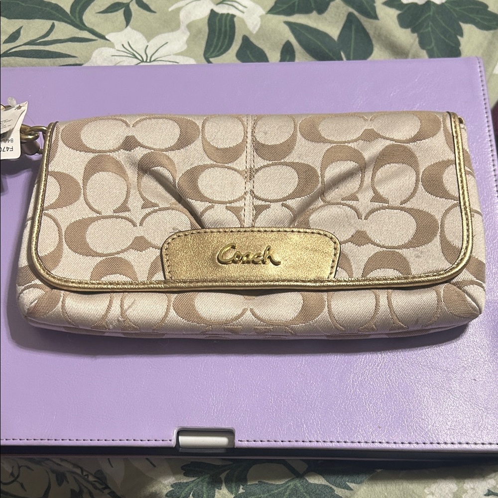 Coach Tan and Gold Signature Clutch